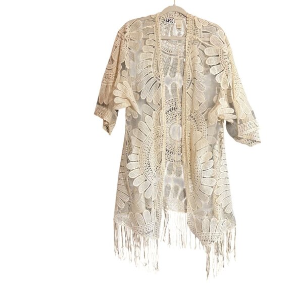 Chico's Lace Embroidered Fringe Sheer Mesh Duster Kimono Women's Large Cream - Picture 1 of 7